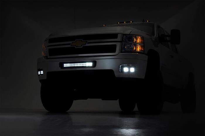 LED Light Kit Fog Mount 2 Inch Black Pair Amber DRL Chevy Silverado 2500 HD/3500 HD (11-14) Rough Country