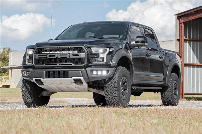 LED Light Kit Fog Mount Triple 2 Inch Black Pair Amber DRL Ford Raptor (17-20) Rough Country